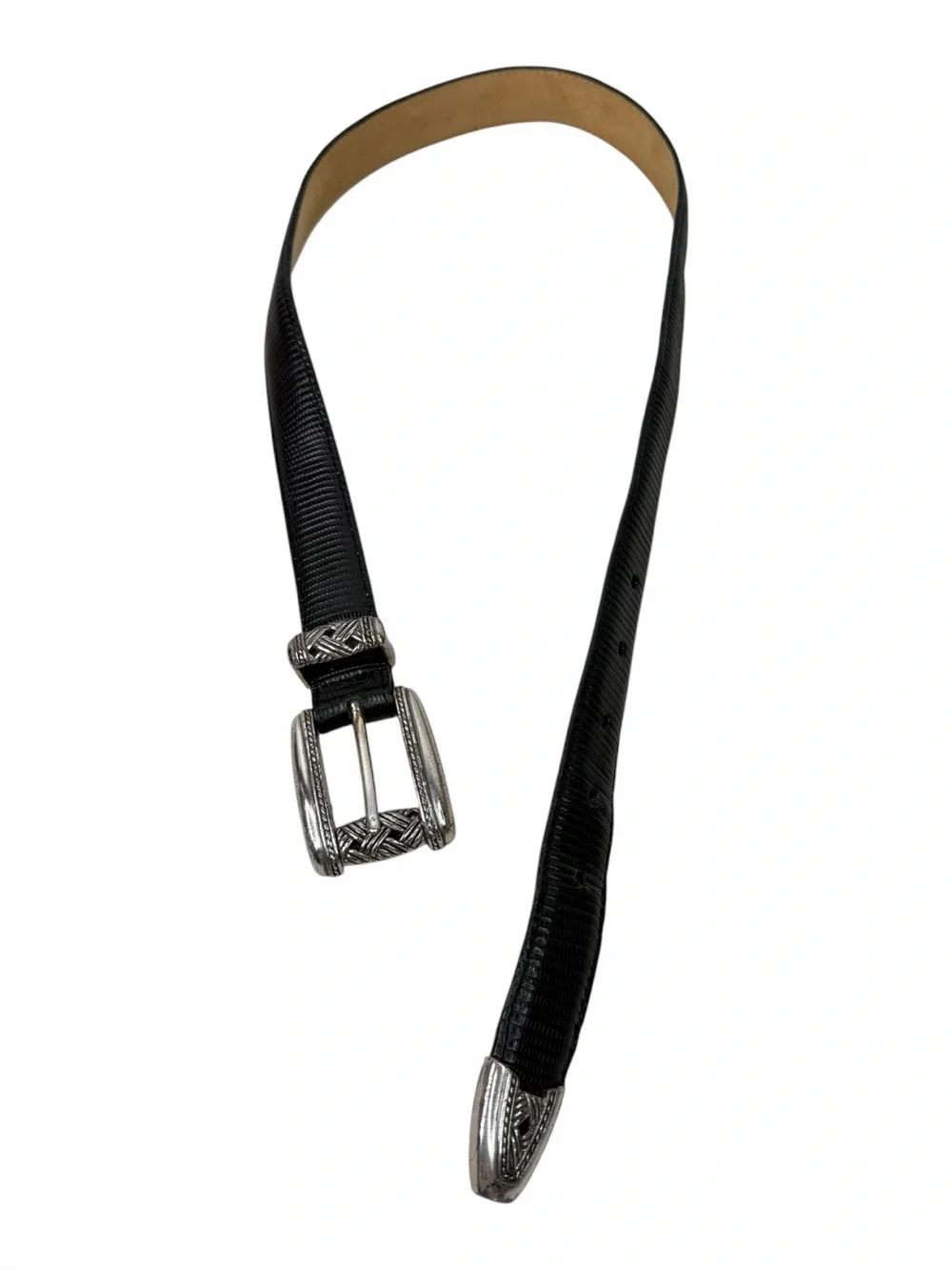 Brighton Black Snakeskin Embossed Leather Belt Basket Weave Silver Hardware 26